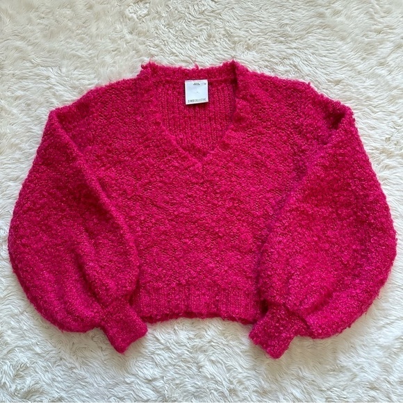 C/MEO Collective Sweater Coco Knit Balloon Sleeve V-neck Wool Blend Hot Pink XS - Picture 2 of 12